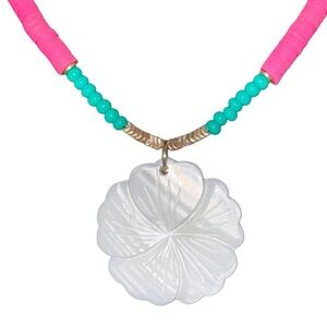 Mother Of Pearl Hibiscus Carved Pendant & Gold Hematite Necklace